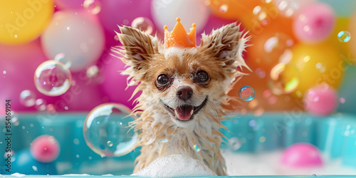 Cheerful pet in bath with soap foam crown, beautiful background, bubbles and toy photo