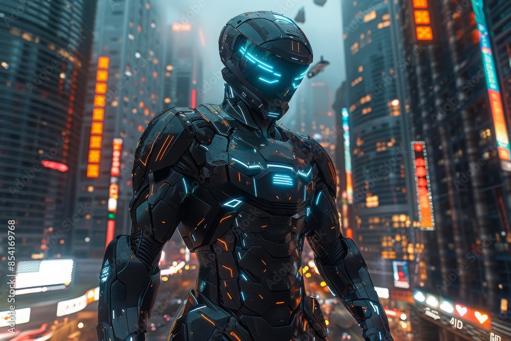 A futuristic armored soldier with glowing blue accents stands in a neon-lit cityscape at night, surrounded by towering skyscrapers and flying vehicles.
A futuristic armored soldier with glowing blue accents stands in a neon-lit cityscape at night, surrounded by towering skyscrapers and flying vehicles.