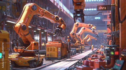 A factory with robots working on a conveyor belt © artpray