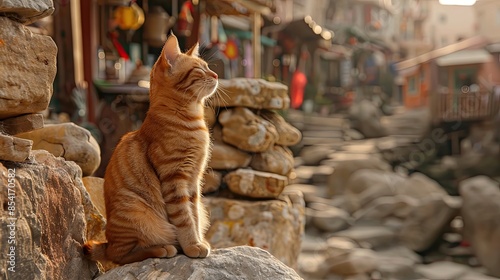 Ginger cat sitting on rocks enjoying sunlight in village