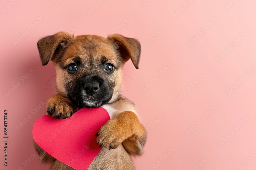 A cute puppy with a paper heart in its paws on a pink background with a copy of the space A cute puppy with a paper heart in its paws on a pink background with a copy of the space