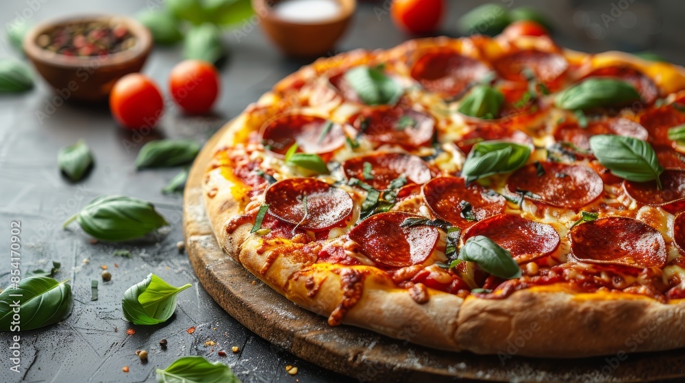 Appetizing pepperoni pizza with basil and cheese on a rustic wooden board Appetizing pepperoni pizza with basil and cheese on a rustic wooden board