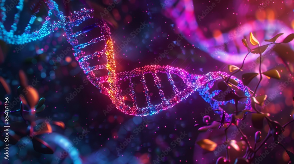 Neon DNA Helix Illuminating the Secrets of Genetics in SciFi Style Neon DNA Helix Illuminating the Secrets of Genetics in SciFi Style