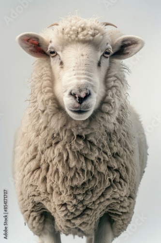 A white sheep with a black nose and brown eyes