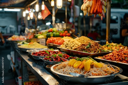 Street food stall displaying delicious dishes in a night market