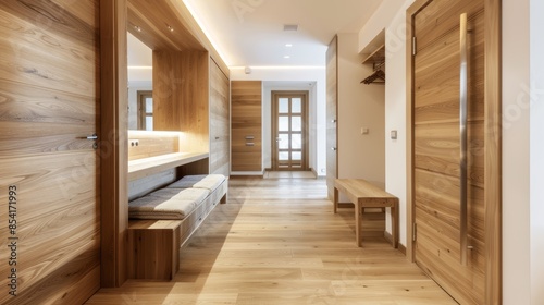 Stylish Modern Home Entrance with Cozy Wooden Decor Generative AI