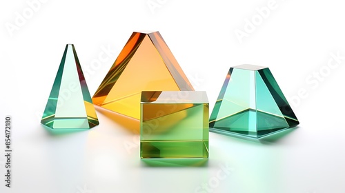 3D rendering of a group of geometric shapes made of glass. The shapes are a cube, a pyramid, and a triangular prism.