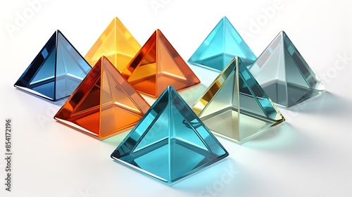A 3D illustration of a group of colorful glass pyramids on a white background.