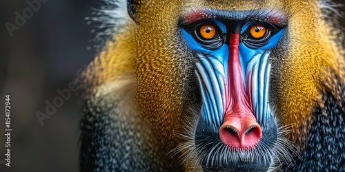 Close-up portrait of a colorful mandrill in natural habitat