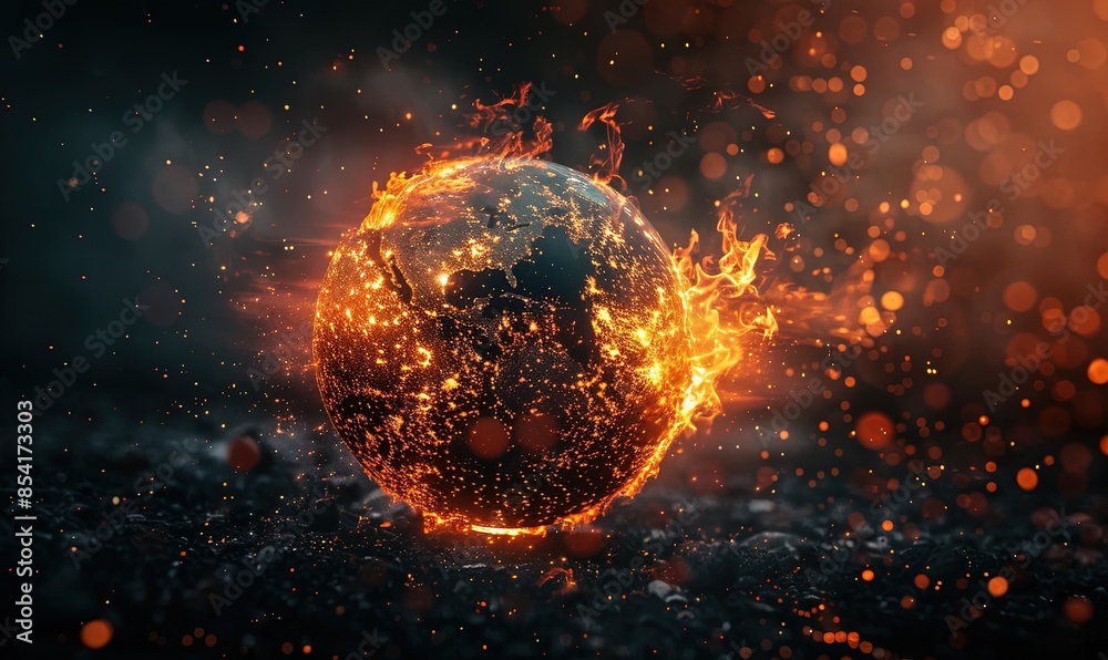 Earth globe on fire with wildfire fire in climate change Earth globe on fire with wildfire fire in climate change