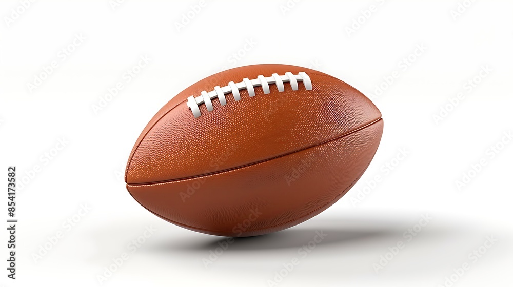 3D rendering of an American football ball. The ball is brown and has white stripes. It is sitting on a white surface. The background is white.