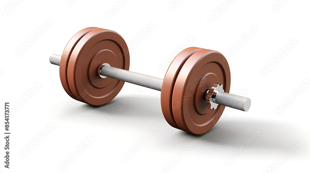 3D rendering of a brown dumbbell on a white background. The dumbbell is made of a metal bar with two round weight plates on each end. 3D rendering of a brown dumbbell on a white background. The dumbbell is made of a metal bar with two round weight plates on each end.