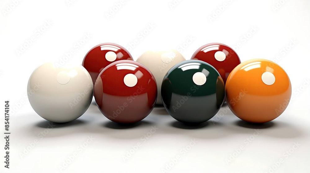 3D render of billiard balls on a white background. The balls are arranged in a triangle, with the apex ball slightly elevated. 3D render of billiard balls on a white background. The balls are arranged in a triangle, with the apex ball slightly elevated.