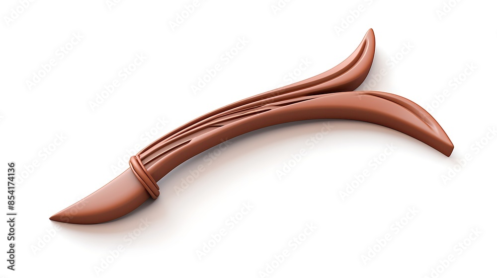 Fototapeta premium 3D rendering of a brown curved shape with a leaf-like design at one end. The object is lying on a white surface.
