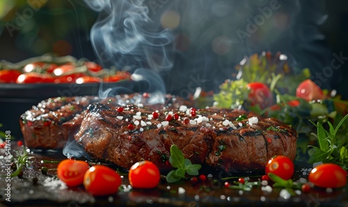 Freshly sliced steaks seasoned with salt and pepper, grilled over an open flame with visible smoke, along with cherry tomatoes and lettuce © Александр Михайлюк