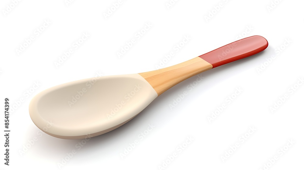 A wooden spoon with a red handle is isolated on a white background. The spoon is made of light brown wood with a smooth, matte finish. A wooden spoon with a red handle is isolated on a white background. The spoon is made of light brown wood with a smooth, matte finish.