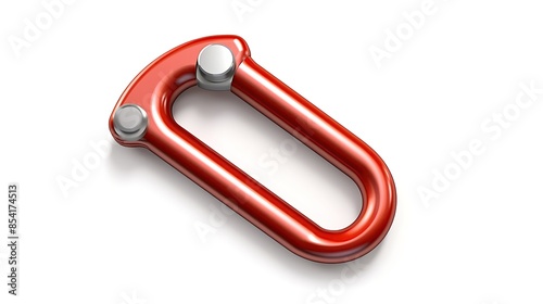 A red metal carabiner with a silver screw gate. It is used for attaching ropes or chains to each other or to a fixed object. photo