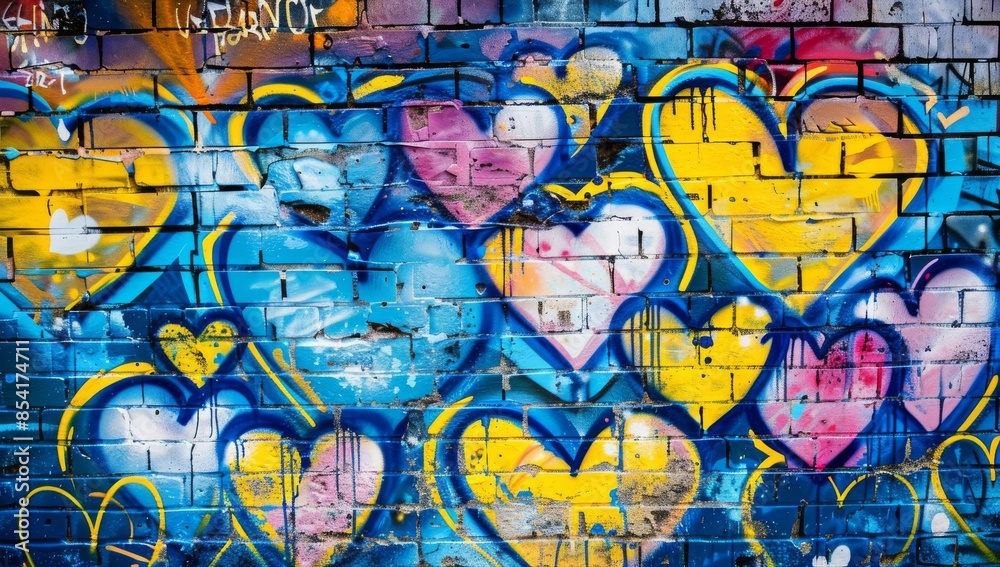 Obraz premium Vibrant graffiti mural of hearts on an urban brick wall, with bright blue and yellow hues, depicting the joyous spirit of Valentine's Day.