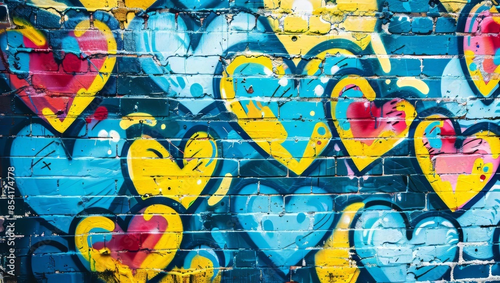 Vibrant graffiti mural of hearts on an urban brick wall, with bright blue and yellow hues, depicting the joyous spirit of Valentine's Day. Vibrant graffiti mural of hearts on an urban brick wall, with bright blue and yellow hues, depicting the joyous spirit of Valentine's Day.
