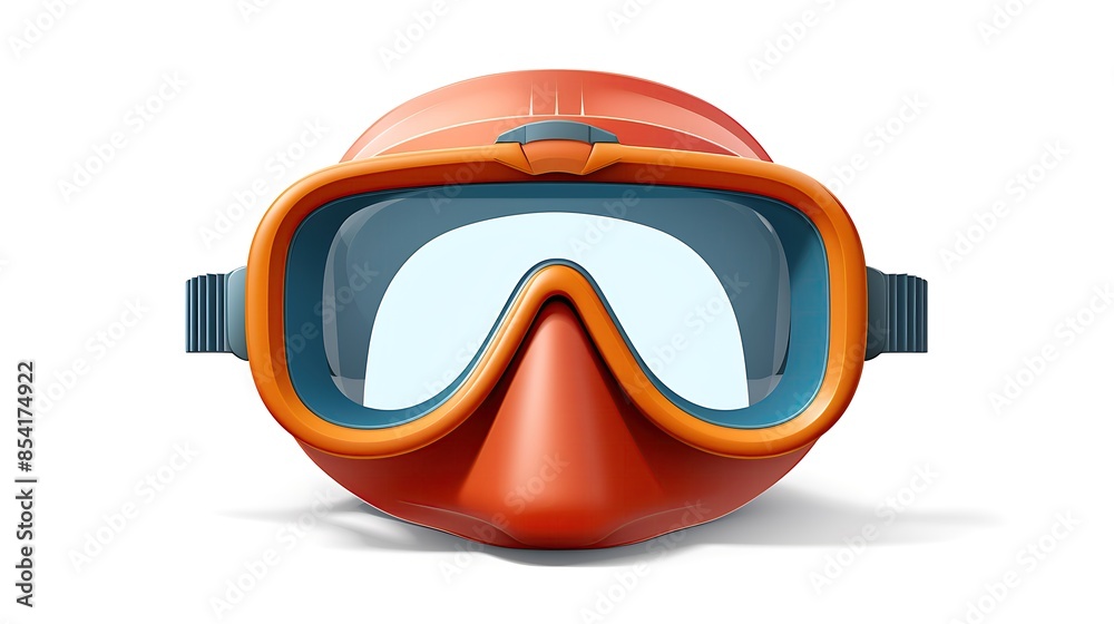 **Image description:** This is an image of a diving mask. It is orange and has a blue strap. The mask is isolated on a white background. **Image description:** This is an image of a diving mask. It is orange and has a blue strap. The mask is isolated on a white background.