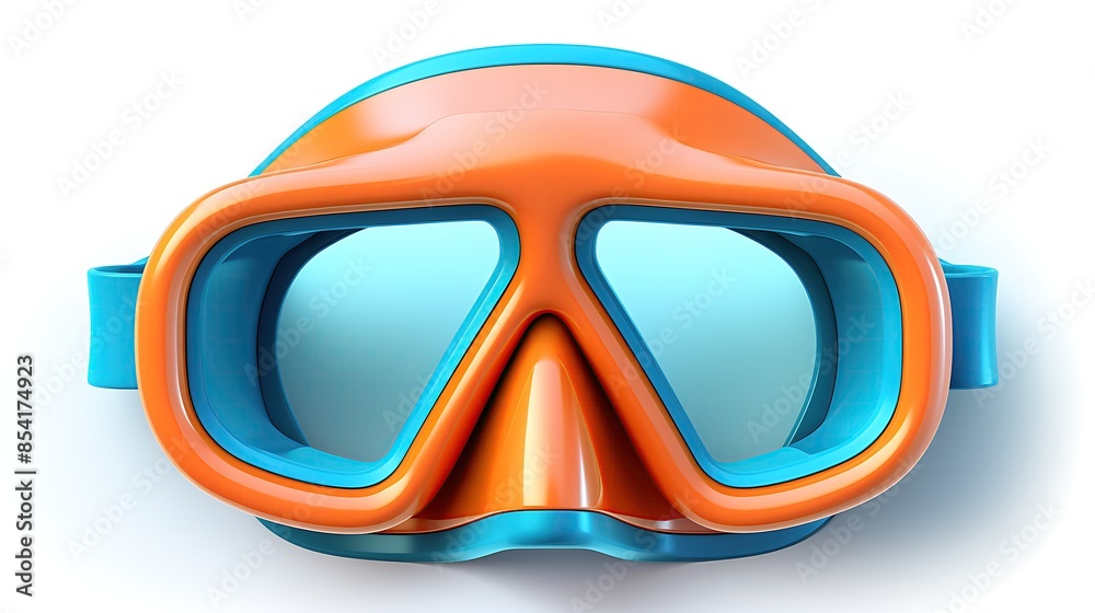 **Image Description:** 3D rendering illustration of a blue and orange kids diving mask isolated on a white background. **Image Description:** 3D rendering illustration of a blue and orange kids diving mask isolated on a white background.