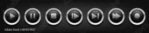 Multimedia buttons. Black buttons with metal frame. Vector clipart isolated on dark background.