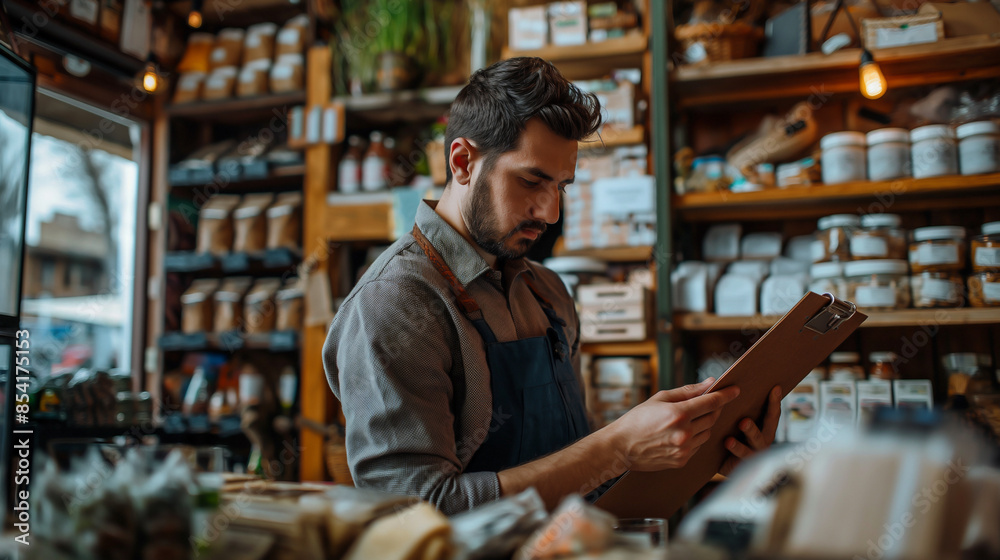 A small business owner diligently counting stock in their shop using a clipboard and pen to tally inventory A small business owner diligently counting stock in their shop using a clipboard and pen to tally inventory