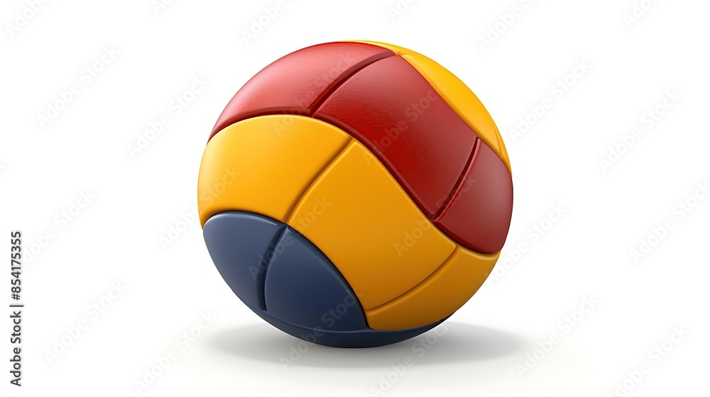 3D rendering of a colorful volleyball isolated on a white background. The ball has red, yellow, and blue panels and is lit by a single light source. 3D rendering of a colorful volleyball isolated on a white background. The ball has red, yellow, and blue panels and is lit by a single light source.