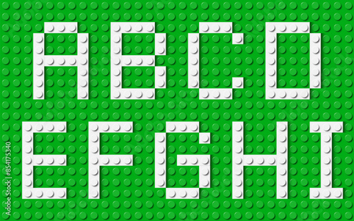 Letters of the alphabet composed of white plastic brick toy blocks on green construction plate. Building bricks font. Vector background illustration