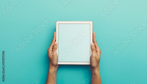 Human hands holding digital tablet with a white blank screen