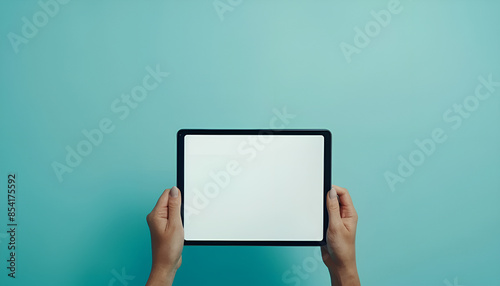Human hands holding digital tablet with a white blank screen