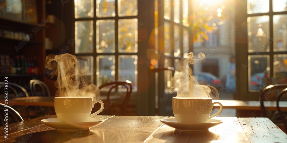 Two white coffee cups on a wooden table with steam rising from them. Generate AI image Two white coffee cups on a wooden table with steam rising from them. Generate AI image
