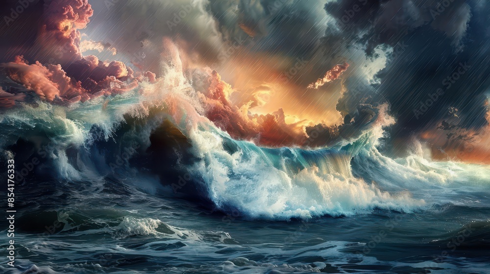 Fototapeta premium colossal tsunami waves crashing under an ominous stormy sky digital seascape painting
