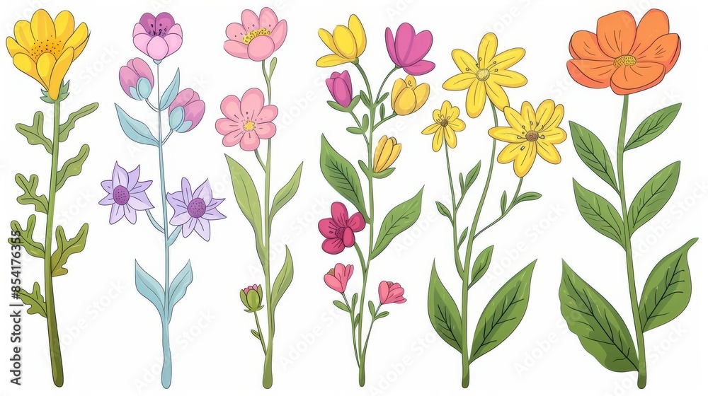 Whimsical set of flowers in chibi clip art style, ideal for nursery decor or childrens illustrations Whimsical set of flowers in chibi clip art style, ideal for nursery decor or childrens illustrations