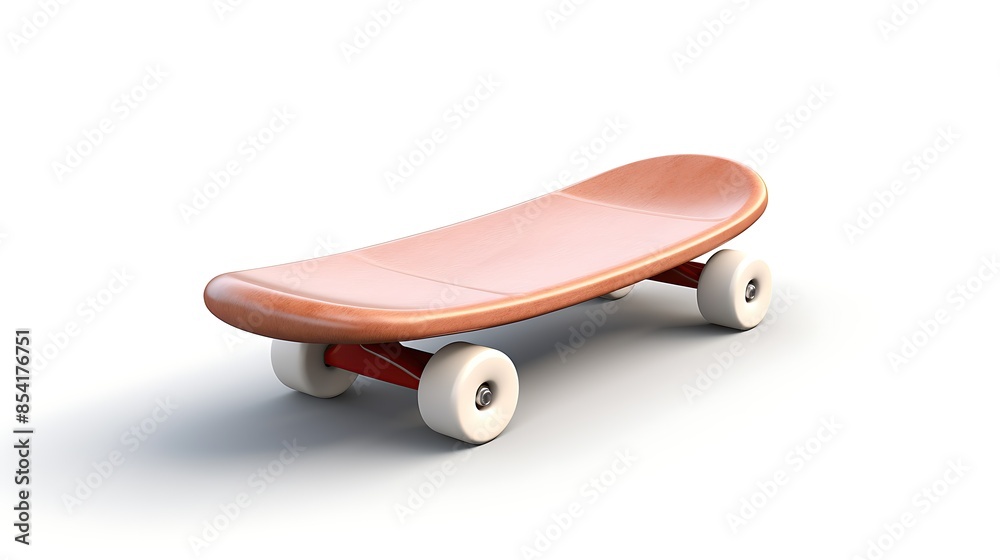 A wooden skateboard with red wheels sits at a slight angle on a white surface. The skateboard is in focus and there is a slight shadow underneath it. A wooden skateboard with red wheels sits at a slight angle on a white surface. The skateboard is in focus and there is a slight shadow underneath it.