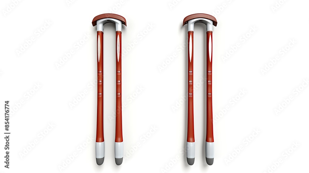 **Image description:** A pair of red and gray crutches with a unique design. **Image description:** A pair of red and gray crutches with a unique design.