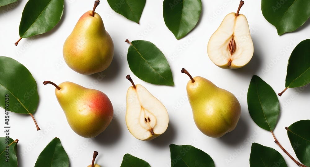 Pear fruits with green leaves on white background. Top view Pear fruits with green leaves on white background. Top view