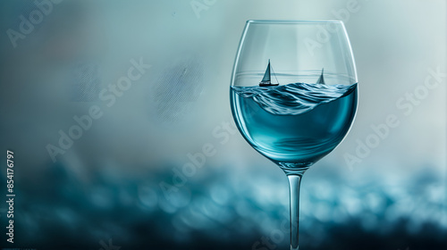 Creative Concept of Sailboat in Wine Glass with Ocean Waves