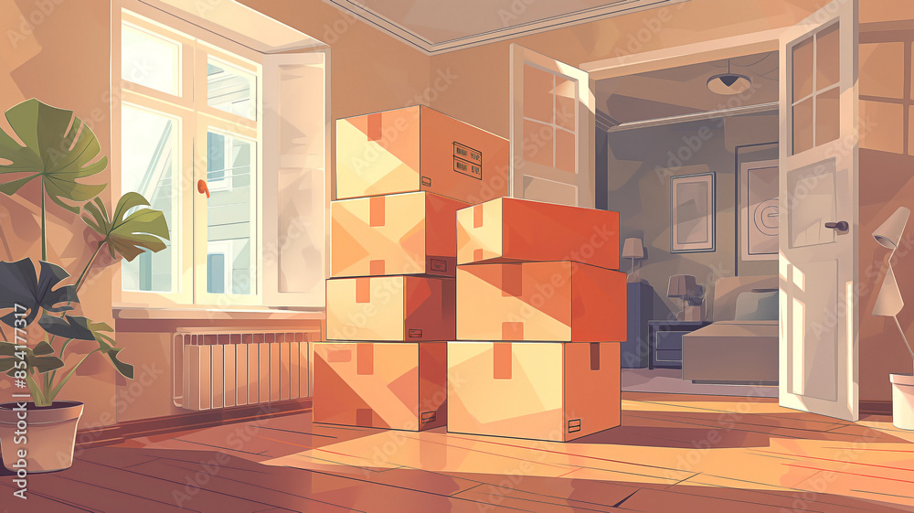 A stack of parcel boxes sits in an empty bright and cozy apartment room