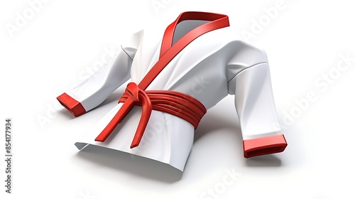 White martial arts uniform with a red belt. The uniform is made of a lightweight, breathable fabric and features a traditional wrap-around design. photo