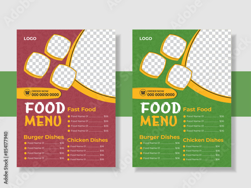Restaurant fast food menu social media marketing web banner template design. Pizza, burger and healthy food business online promotion flyer with abstract background, logo and icon. Sale cover