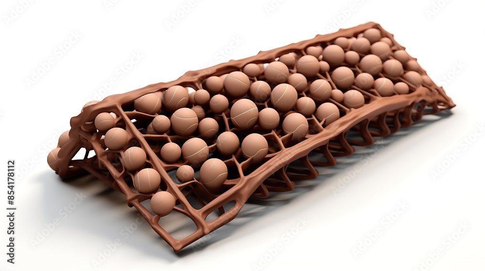 3D rendering of a cellular structure made of spheres. The spheres are arranged in a regular pattern and are connected by a network of thin rods. 3D rendering of a cellular structure made of spheres. The spheres are arranged in a regular pattern and are connected by a network of thin rods.
