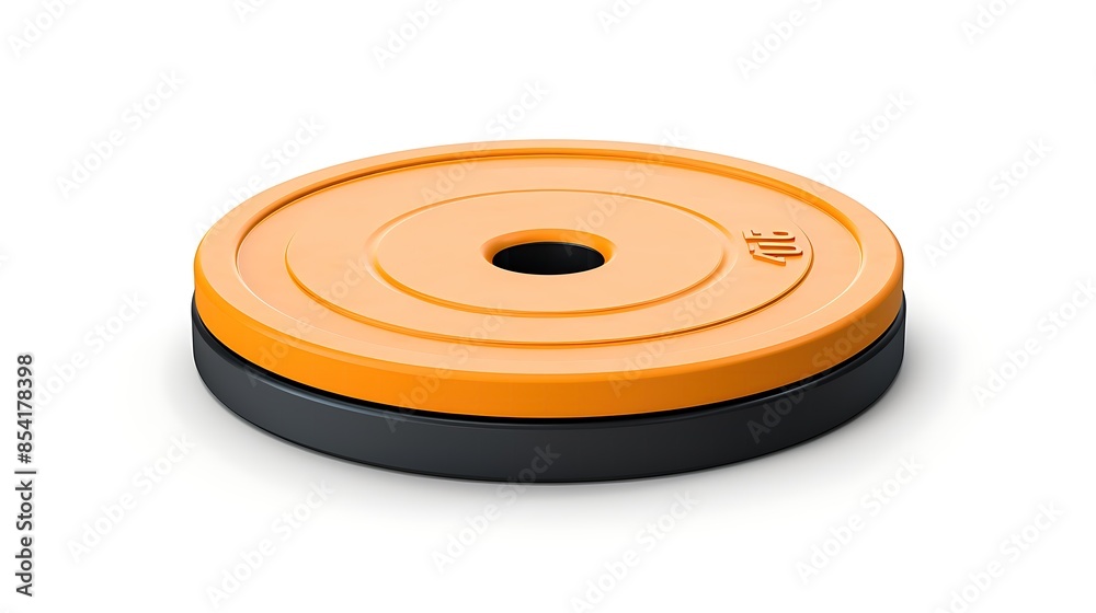 Black and orange round weight plate isolated on white background. The plate has a hole in the center and is labeled Black and orange round weight plate isolated on white background. The plate has a hole in the center and is labeled