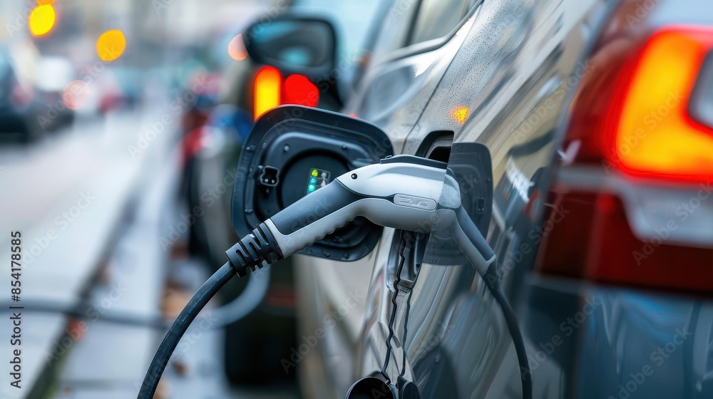 electric vehicle charging closeup of plug connected to car at charging station sustainable transport electric vehicle charging closeup of plug connected to car at charging station sustainable transport