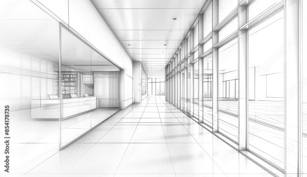 Fototapeta premium minimalist white architectural sketch of modern building interior, perspective view Generative AI
