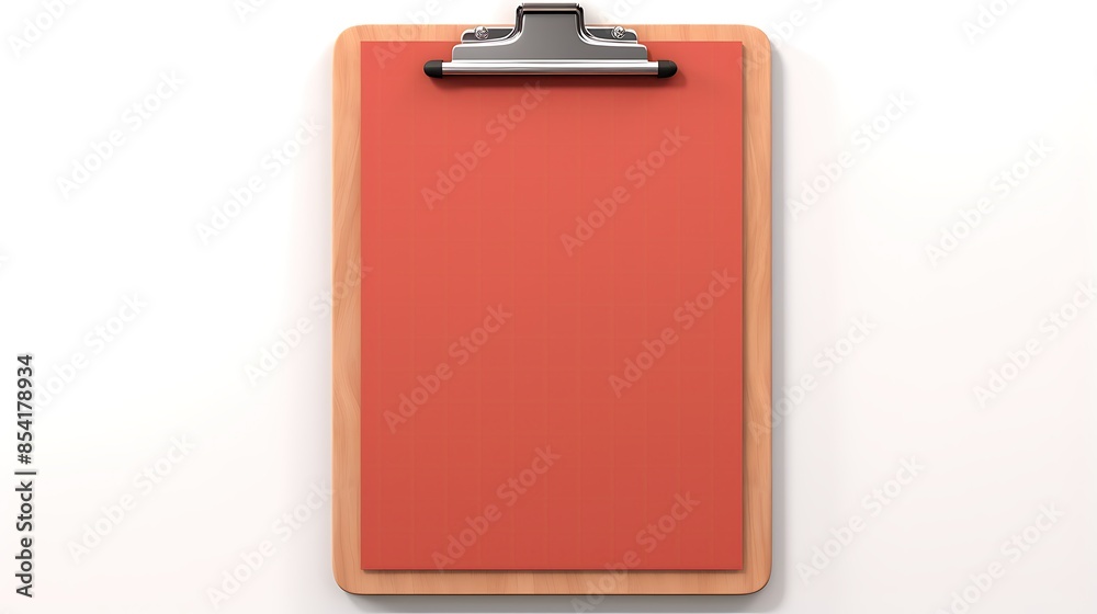A wooden clipboard with a blank red sheet of paper attached to it. The clipboard is isolated on a white background. A wooden clipboard with a blank red sheet of paper attached to it. The clipboard is isolated on a white background.