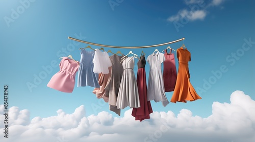 Clothes hanging on a clothesline against a blue cloudy sky background. The clothes are of different colors and styles. photo