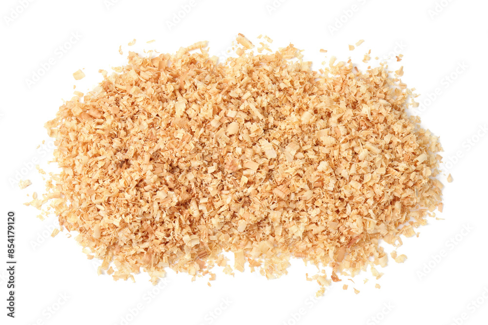 Pile of natural sawdust isolated on white, top view Pile of natural sawdust isolated on white, top view