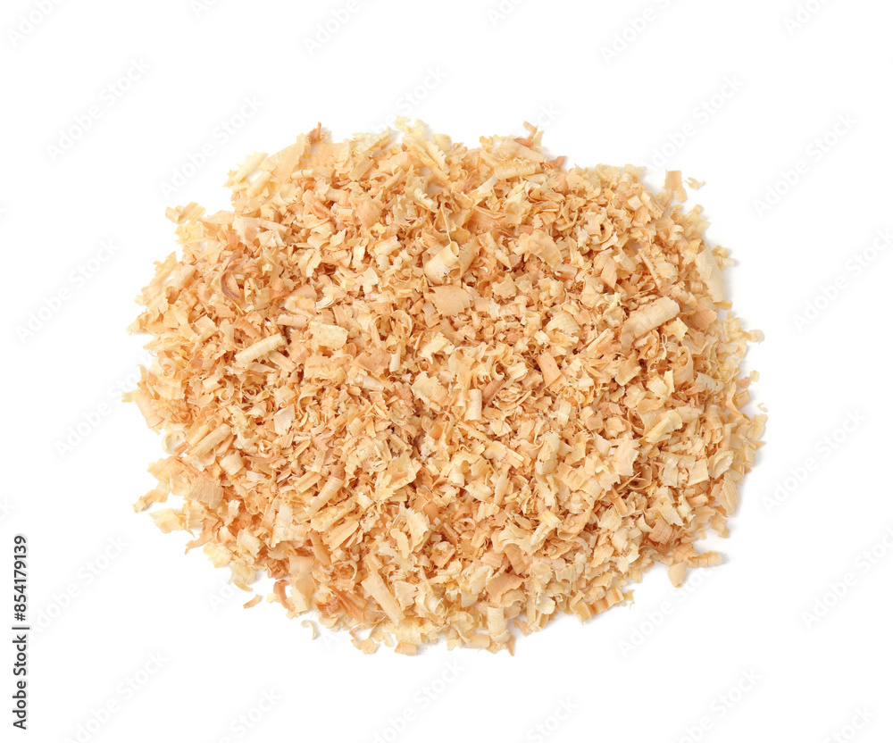 Pile of natural sawdust isolated on white, top view