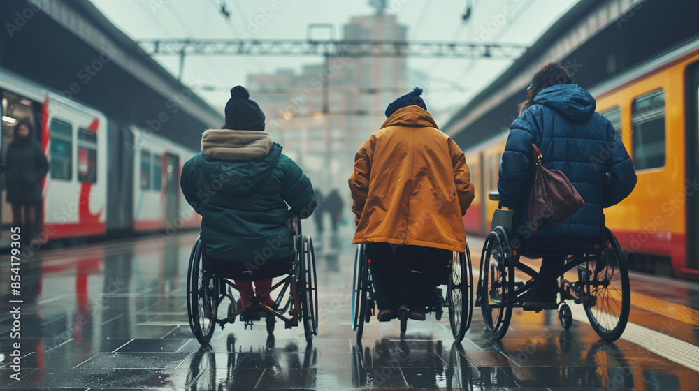 Obraz premium Group of young people with disability waiting for train at station on a rainy day